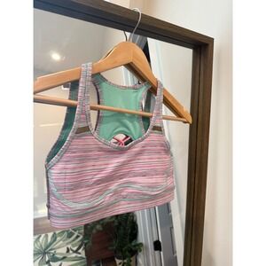 Lululemon Sports Bra Striped Pink Green Criss Cross Back Activewear Size 6